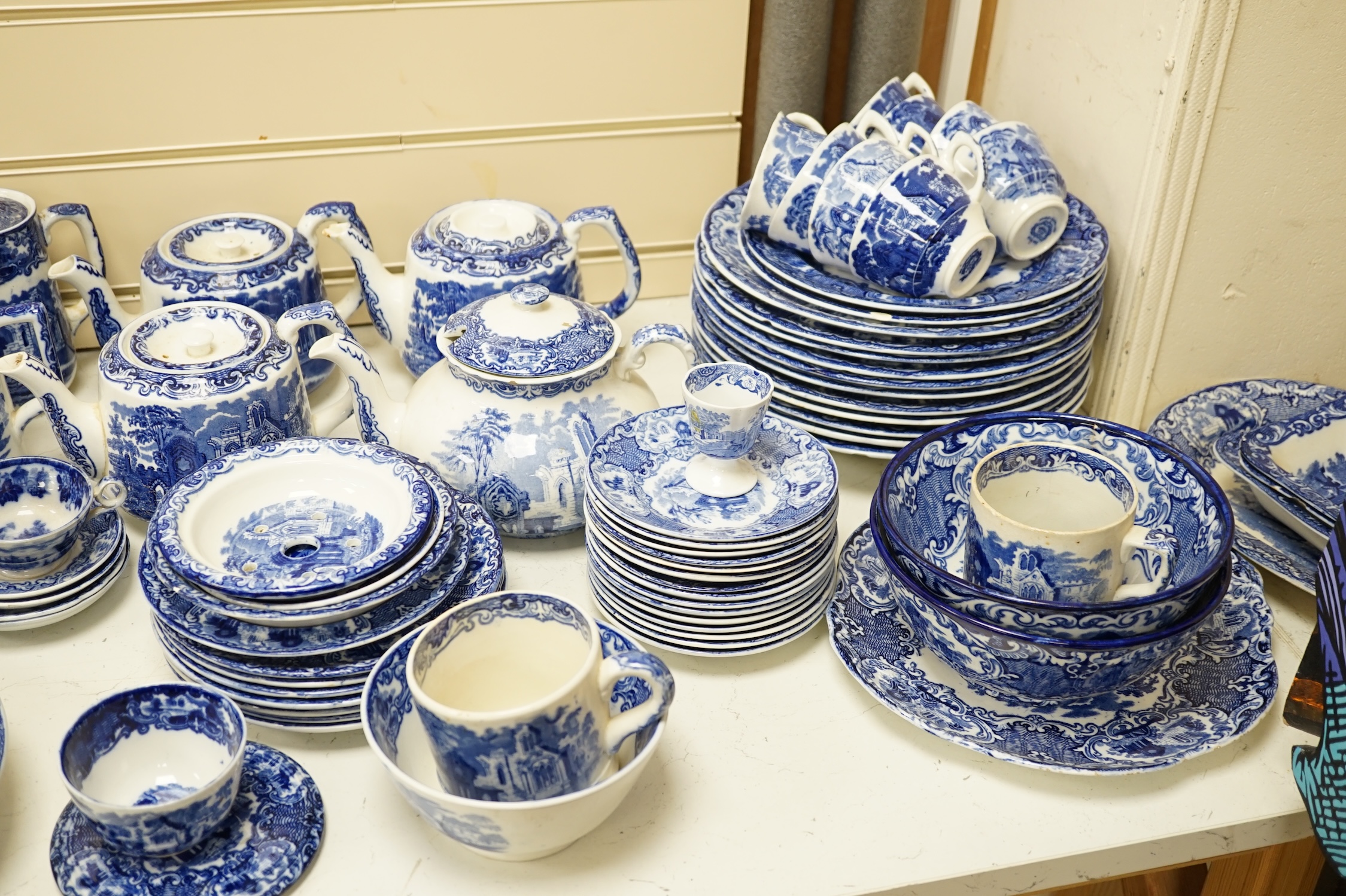 A large comprehensive collection of blue and white ‘Abbey’ dinner ware and tea ware. Condition - poor to fair to good